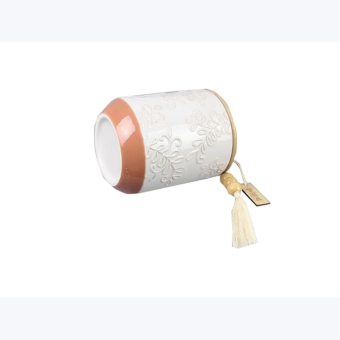 Youngs 21207 Ceramic Canister with Wood Lid and Silicon Seal, Crystal Knob and Blessing Bead Tassel Accent, 4-piece Set