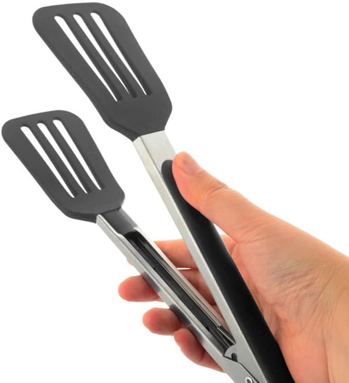 3-Piece Stainless Steel & Silicone Cooking Tongs Set - Black (7", "9", "12 inches) - Heat Resistant, Non-Stick, Locking Handle, Dishwasher Safe