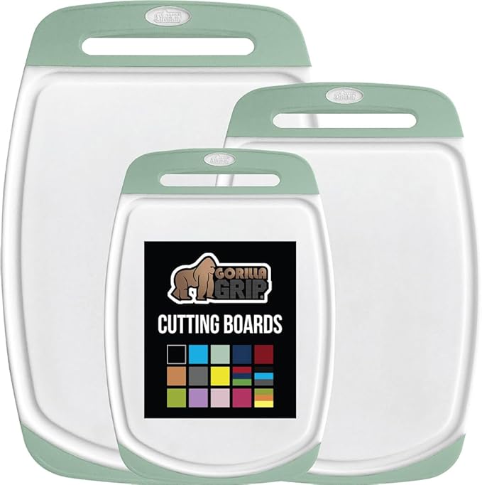 GORILLA GRIP BPA-Free Reversible Kitchen Cutting Board Set of 3, US Designed, Nonporous, Juice Grooves Catch Liquid, Slip Resistant Border, Dishwasher Safe, Durable Large Food Chopping Boards, Mint