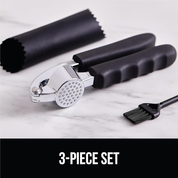 GORILLA GRIP Garlic Press and Peel Set, Heavy Duty Mincer Tool, Large Ergonomic Handle, Easily Mince, Crush Garlics Ginger Nuts, Peeler Included for Peeling Cloves, Holiday Prep Kitchen Gadgets, Black