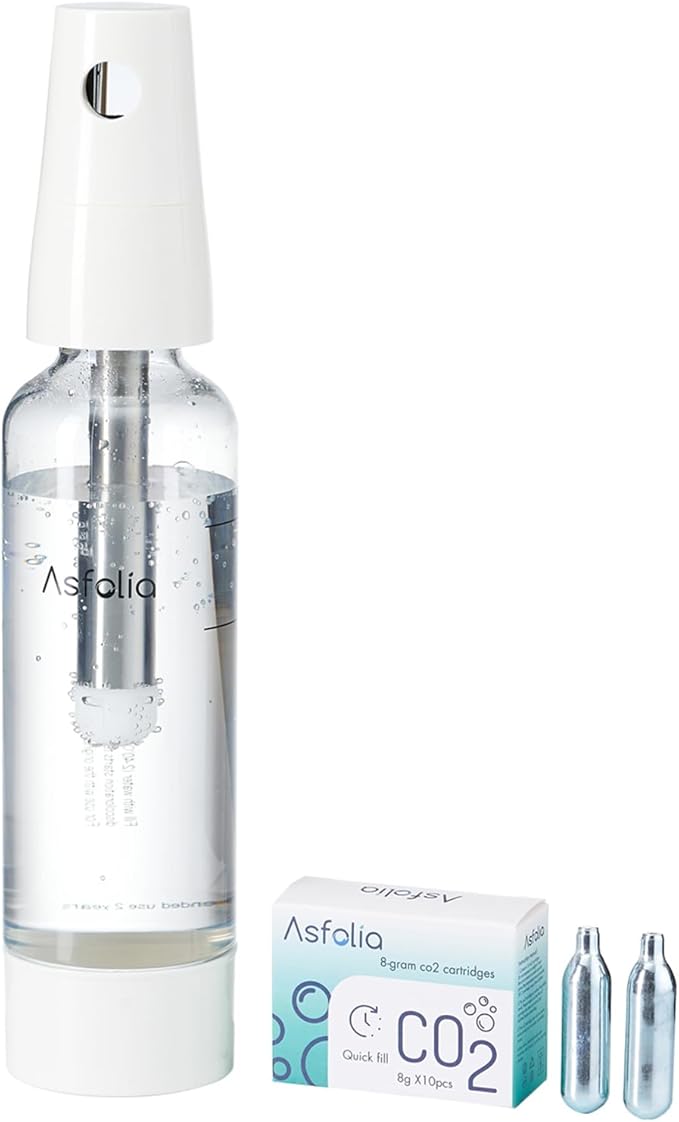 Portable Sparkling Water Maker - Travel Soda Maker for Home & Outdoor, 1L Carbonating Bottle, 10 pcs CO2 Cylinders, Compact Carbonated Water Machine for Flavored Drinks, Soda Machine (White)