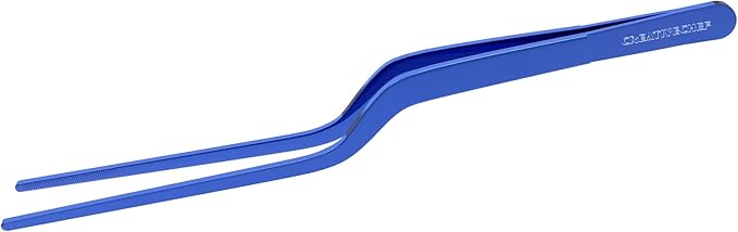 CREATIVECHEF 8 Inch Curved Stainless Steel Precision Kitchen Cooking Multi-function Tweezers Culinary Offset Tweezer Tongs (Curved, Blue)