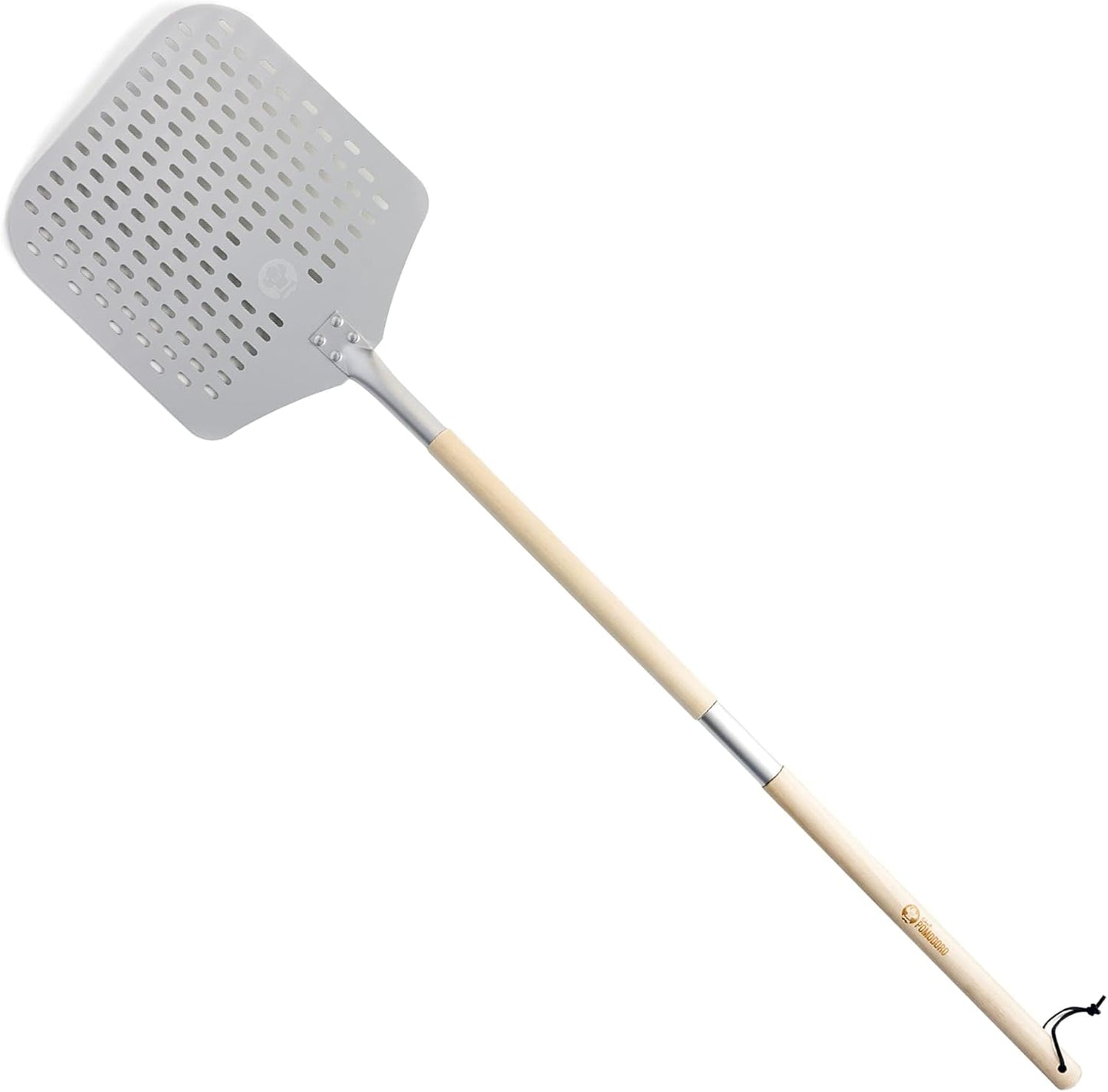 Chef Pomodoro Perforated Pizza Peel Aluminum, 12 x 14-Inch, with Detachable Wood 49-Inch Long Extendable Handle for Easy Storage, Gourmet Luxury Pizza Paddle for Baking Homemade Pizza Bread