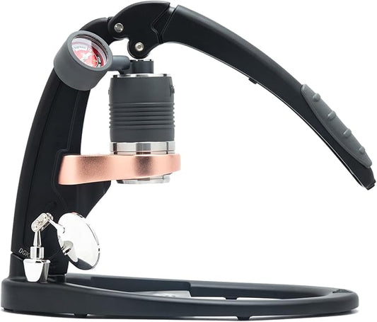Flair UPDATED PRO 3 (Black) - All manual lever espresso maker with a stainless steel brew head, pressure gauge, and a shot mirror
