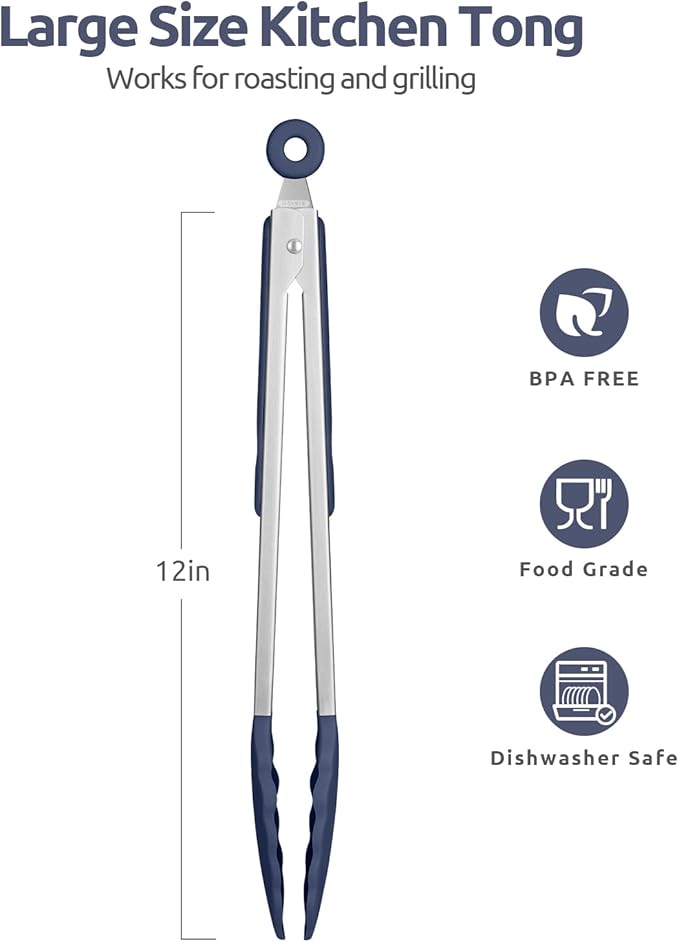 Heat Resistant Silicone Kitchen Tong: U-Taste 12 inch Large 480ºF Hot Proof Cooking Tong with Sturdy Non Stick Rubber Tips & Silicon Coated Steel Handle & Smooth Locking for Serving (Midnight Blue)