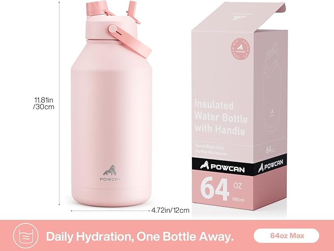 POWCAN 64 oz Insulated Water Bottle with 2-in-1 Straw and Spout Lid, Keep Cold 24H, Leak-Proof, BPA-Free, Double Wall Stainless Steel Water Bottle for Sports, Gym, Travel, and School (Cotton Candy)