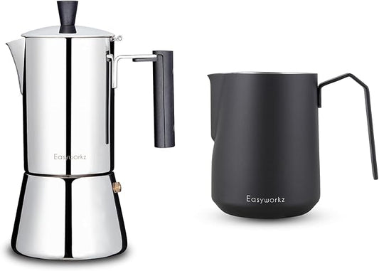 Easyworkz Pedro Stovetop Espresso Maker 4Cup 200ml, Bundled Espresso Steaming Pitcher Stainless Steel 20 oz Coffee Frothing Picther Milk Jug Cappuccino Latte Art Cup, Black