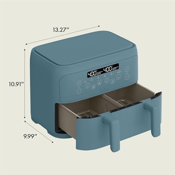 bella 4 Qt TriZone Air Fryer, EverGood™ Ceramic Nonstick Coating, Dual Basket Design w Removable Divider, Digital Touchscreen Control w 6 Preset Cooking Options, 1200 Watt, 3lb Capacity, Surf