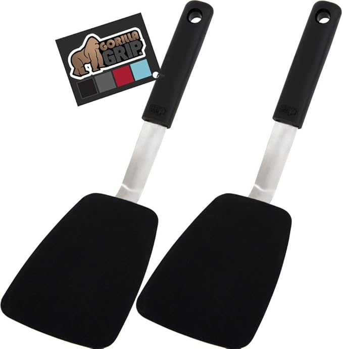 GORILLA GRIP Patented BPA-Free Non-Scratch Spatula, 2 Pack, Heat Resistant Flexible Silicone Head for Nonstick Cooking Pans, Soft Rubber Handle, Kitchen Spatulas for Flipping Eggs, Pancakes, Black