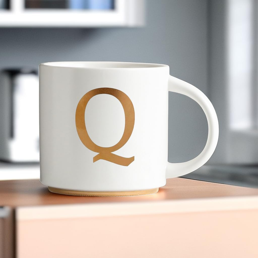 COLLECTIVE HOME - Monogram Ceramic Mugs, 15 oz Golden Initial Coffee Cups, Elegant Alphabet Tea Mugs, Elegant Personalized Mug with Gift Box, Unique Mug with Double Side Capital Letter (Q)