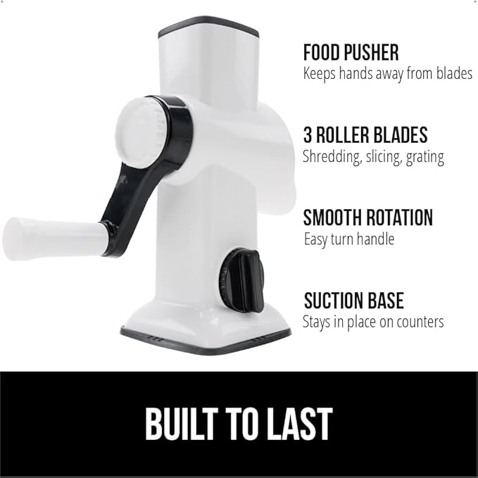 GORILLA GRIP BPA-Free Rotary Cheese Grater Hand Crank, Easy to Set Up, Strong Suction Base for Kitchen Countertop, Shred Potato, Vegetable, Nuts in Seconds, Round Mandoline Slicer, 3 Blades, White