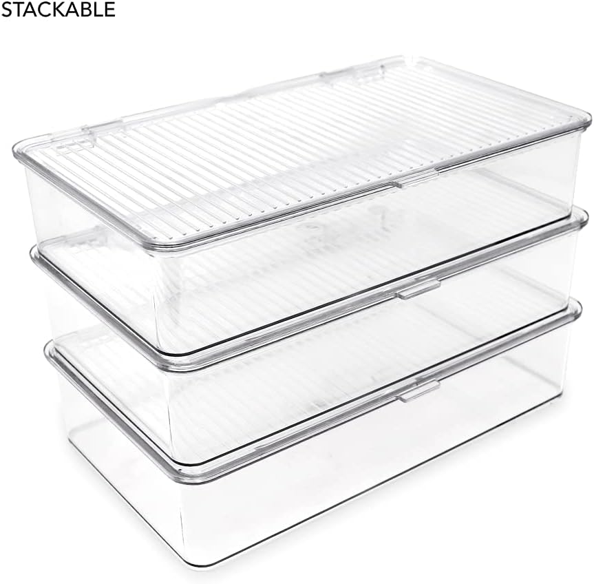 Isaac Jacobs Small Stackable Organizer Bin (10.75” x 6.5” x 2.4”) w Hinged Lid Clear Storage Box Home Office School Fridge Bathroom Kitchen Pantry Container BPAFree Food Safe (Small Clear)