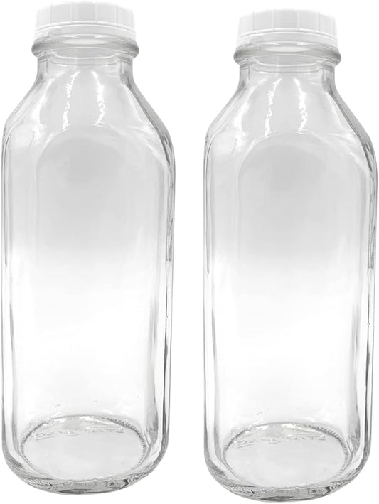 The Dairy Shoppe Glass Milk Bottle, Heavy Glass with Extra Lid, Creamery Style (2, Liter)