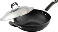 Wok Pan with Lid Nonstick Wok 34cm, Carbon Steel Woks Stir-Fry Pans, No Chemical Coated Flat Bottom Chinese Wok, for Electric, Induction and Gas Stoves