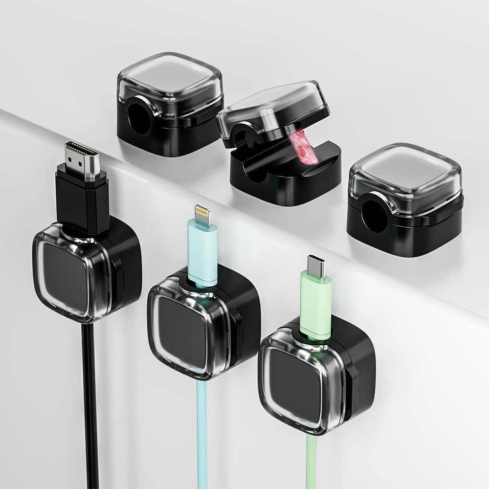 6-Pack Black Magnetic Cord Organizer for Desk, Magnetic Cable Clips with Strong Magnetic Lid, Holds Cables Firmly, 7 mm Cable Organizer & HDMI Cord Holder for Nightstand with Strong Adhesive Pad