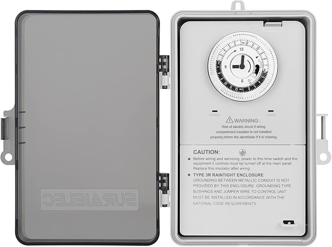 SURAIELEC Pool Timer, 24-Hour Cycle Mechanical Timer Switch, 40 AMP, 2HP, 120, 240, 277 VAC, Outdoor Indoor Heavy Duty Pool Controller Box for Pool Pump, Water Heater, Spa, Powerful Appliances