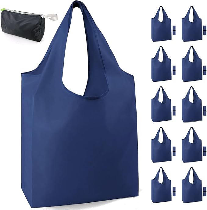 BeeGreen Navy Blue Reusable Grocery Bags Bulk 10 Packs, Kitchen Reusable Shopping Bags 50LBS Large, Machine Washable Durable, Easily Foldable with a Storage Bag