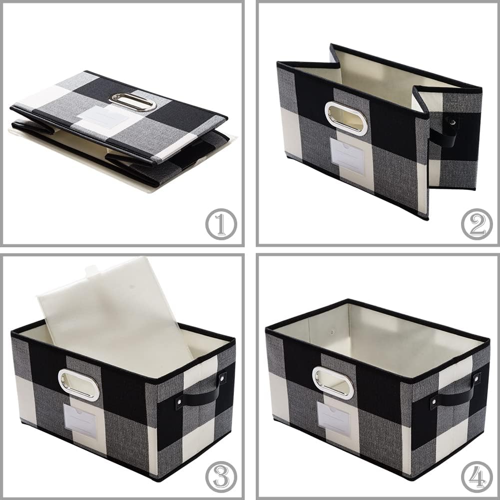 PRANDOM Large Collapsible Storage Baskets for Closet [3-Pack] Decorative Fabric Storage Bins Cubes with Leather/Metal Handles for Shelves Bedroom Living Room Black and White Grid (14.9x9.8x8.3 Inch)