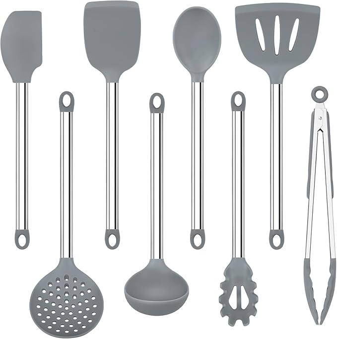 8 PCS Cooking Utensils Set, Vayvnt Silicone Kitchen Spatula Set for Cooking, Non Toxic Silicone Kitchen Utensils with Stainless Steel Long Handle, Spoon and Tong, Heat Resistant&Dishwasher Safe, Gray