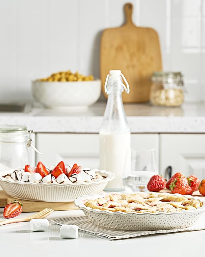 getstar Ceramic Pie Pan Set of 2, 9 inch Pie Dish for Baking, Non-Stick, Oven & Dishwasher Safe, Farmhouse Decor Quiche Baking Dish, Pie Plate, Deep Dish Pie Pan (Embossed Stripes+Dots)