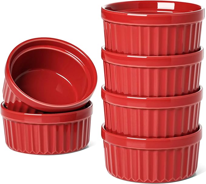 LE TAUCI Ramekins 4 OZ Oven Safe, Creme Brulee Ramekins, Pudding Custard Cups Souffle Ramiken, Dipping Sauce Dishes, Ceramic Ramekin Bowls Set of 6, True Red
