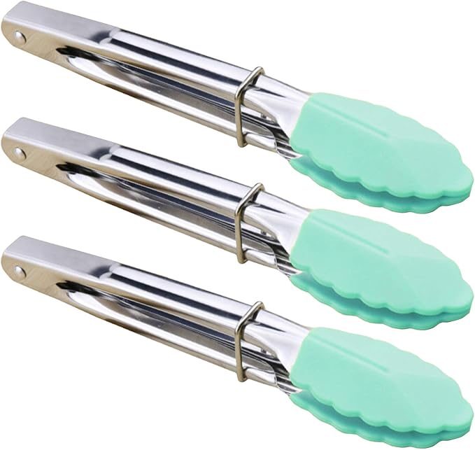 Stainless Steel Food Tongs with Silicone Tips 7-Inch Mini Tongs, Set of 3 (Mint)