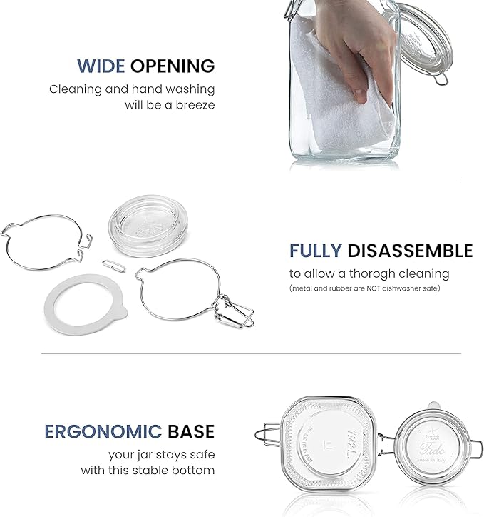 Bormioli Rocco Fido Collection, 2 Pack, 50.75 Oz. Food Storage Glass Jars, Airtight Rubber Seal & Glass Lid, With Stainless Wire Clamp, Made In Italy.
