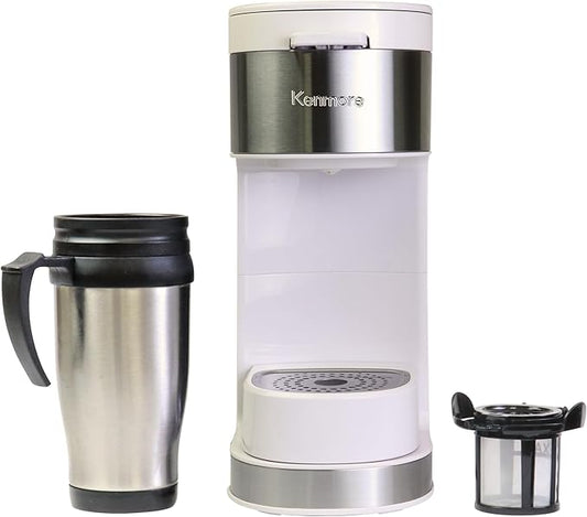 Kenmore Single Serve Coffee Maker – 6–12 Oz Brew Sizes, Compatible with Keurig K‑Cup Pods & Ground Coffee, One Cup Brewer, Travel Mug Friendly, Auto Shut‑Off, Hot & Iced maquina de cafe, White