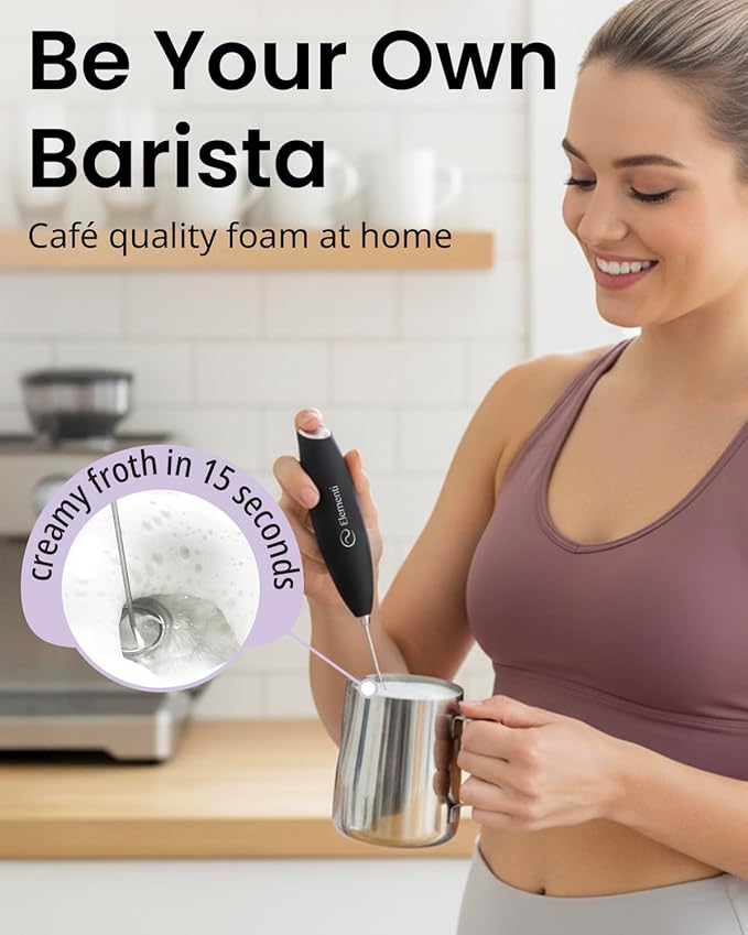 Elementi Milk Frother Wand & Drink Mixer with Stand - Powerful Coffee Frother Handheld Coffee Mixer Wand - Hand Held Milk Foamer to Make Perfect Cappuccinos, Lattes & Drink Mixes at Home (Sunrise)