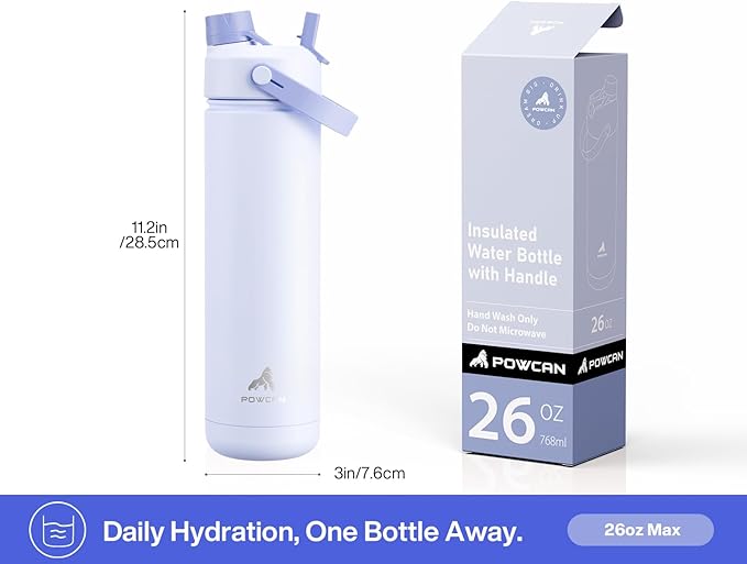 POWCAN 26 oz Insulated Water Bottle with 2-in-1 Straw and Spout Lid, Keep Cold 24H, Leak-Proof, Fits in Car Cup Holder, Stainless Steel Water Bottle for Sports, Travel, and School (Lupine)