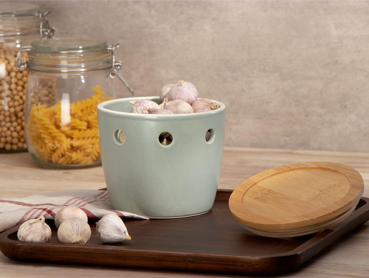 ONEMORE Large Garlic Keeper with Lid, Ceramic Garlic Saver 5 inch, Garlic Keeper for Counter, Light Green