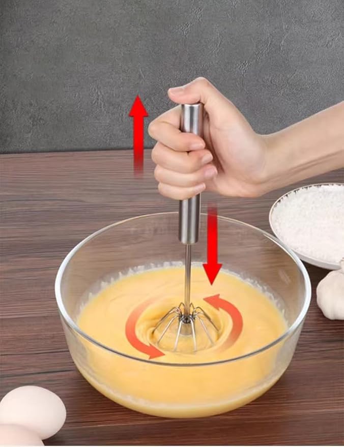 Stainless Steel Semi-Automatic Whisk, Hand Push Rotary Whisk Blender, Versatile Milk Frother for Blending, Whisking, Stirring (13 Inch)