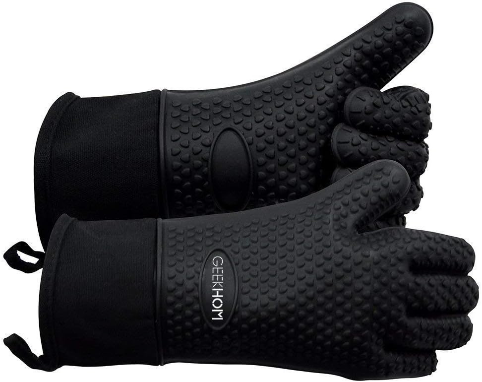 GEEKHOM BBQ Gloves, Grilling Gloves Heat Resistant Oven Gloves, Kitchen Silicone Oven Mitts, Long Waterproof Non-Slip Pot Holder for Barbecue, Cooking, Baking, Black