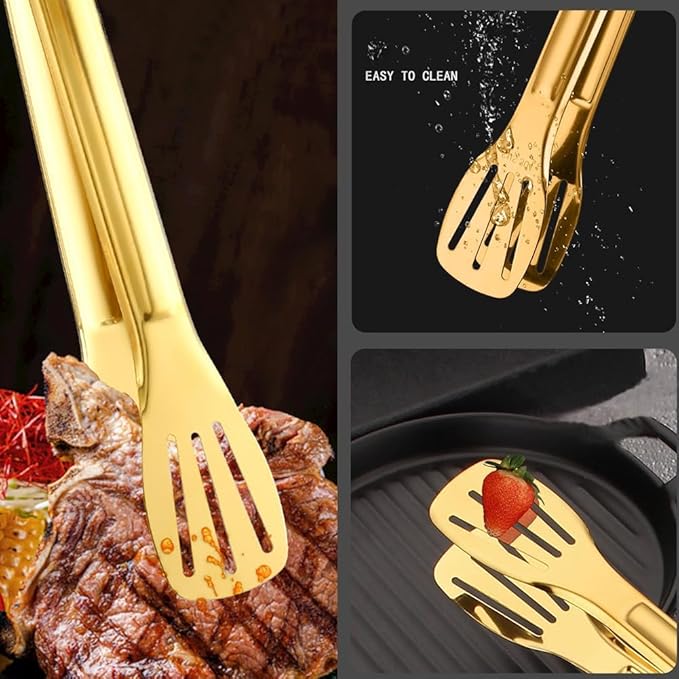 4 PCS Serving Tongs Gold Tongs 9 Inch Serving Utensils Stainless Steel Serving Tongs for Salad Buffet Appetizer Dessert Tong for Food Parties (9 Inch, 4 GOLD)