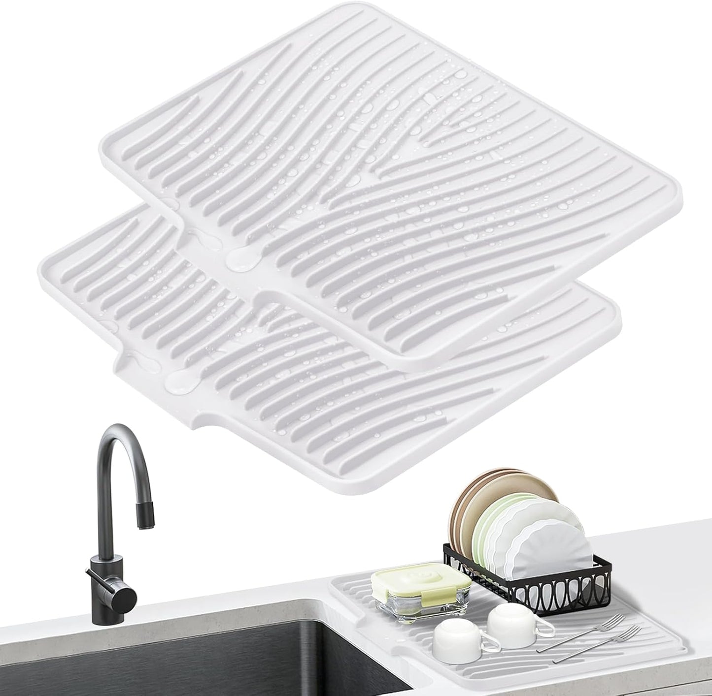 Dish Drying Mat, Stone Drying Mat for Kitchen Counter with Built-in Drain, Non-Slip Drying Matt Kitchen Counter, Heat Resistant Silicone Drying Mat,Dish Drying Pad,2 Pcs(15.8"X13",Ivory)