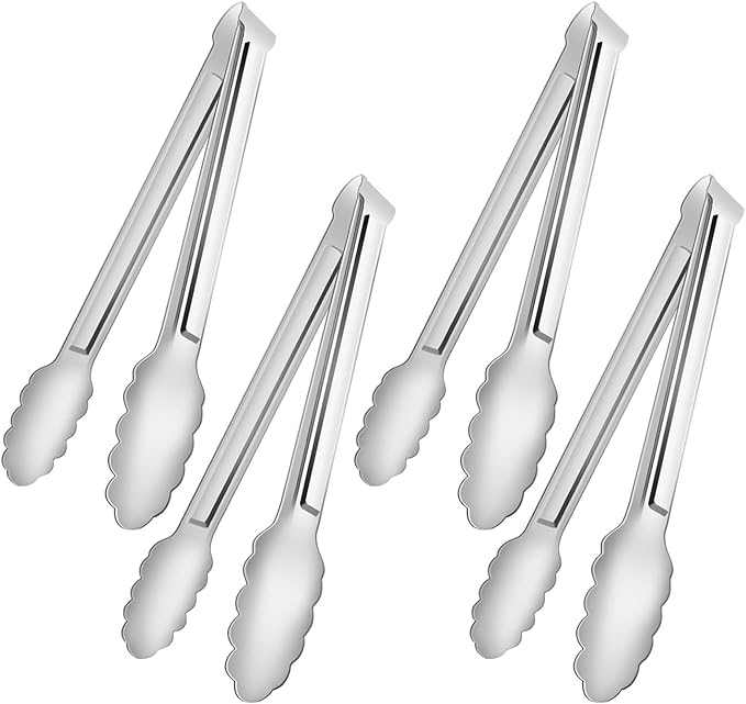4 Pack Serving Tongs for Buffet,Metal Kitchen Tongs,Stainless Steel Food Tongs, Small Tongs for serving, Silver (5IN)