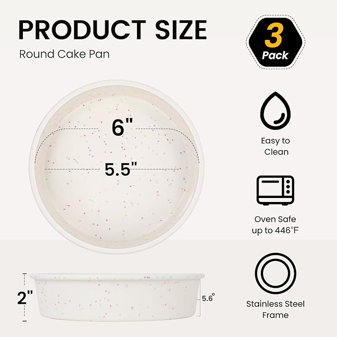 Vinino 6 Inch Silicone Round Cake Pan with Metal Reinforced Frame Set of 3, Nonstick Silicone Springform Pan for Baking Suitable for Making Layers, Cheese & Chocolate Cakes