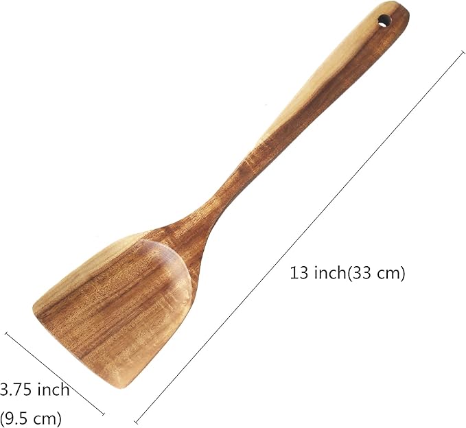 FJNATINH Large Wooden Wok Spatula, 13 Inch Natural Teak Long Handle Turner Coated Natural Resin, Handmade for Non-stick Cookware
