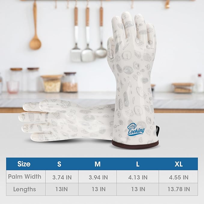 Oven Gloves with Fingers Heat Resistant Waterproof Long Sleeve for Cooking Grilling Baking Barbecue in Kitchen for Men & Women White Medium