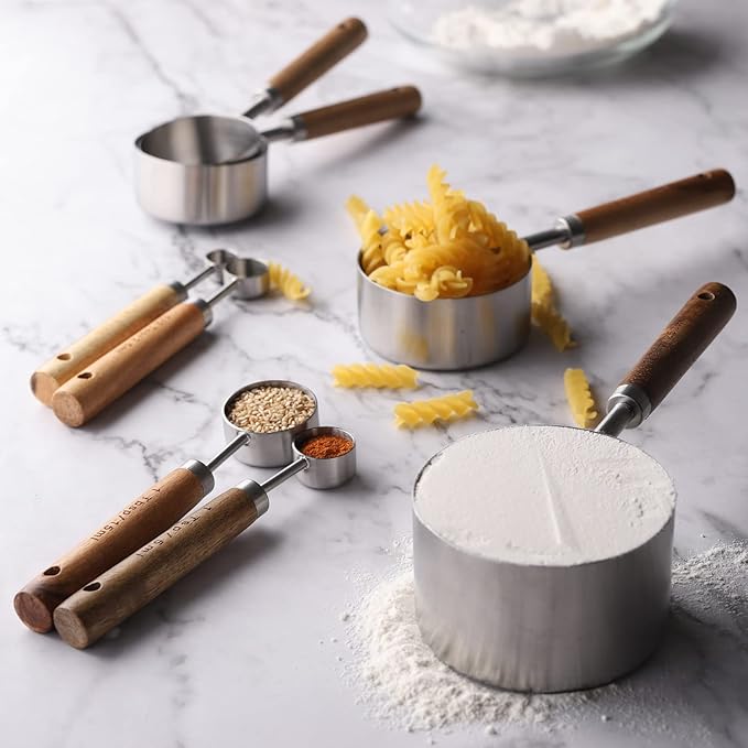 Measuring Cups and Spoons Set Stainless Steel Measuring Cups and Spoons with Wood Handle for Dry and Liquid Ingredients