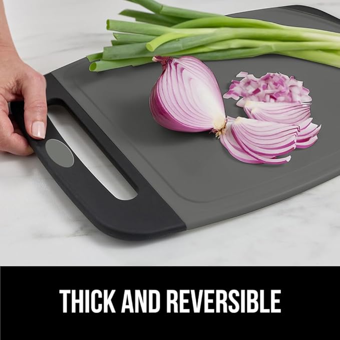 GORILLA GRIP BPA-Free Reversible Kitchen Cutting Board Set of 3, US Designed, Nonporous, Juice Grooves Catch Liquid, Slip Resistant Border, Dishwasher Safe, Durable Food Chopping Boards, Black Gray