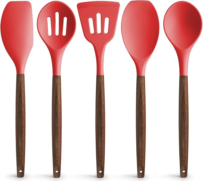 Zulay Kitchen Utensils Set Non-Stick Silicone Cooking Utensils Set with Authentic Acacia Wood Handles - 5 Piece Silicone Utensil Set - Kitchen Utensils Set with 464°F Heat Resistance - Red