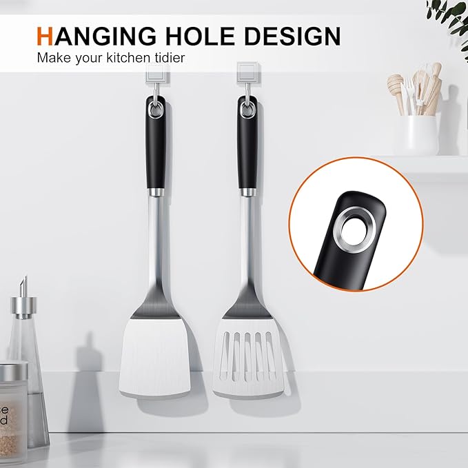 Stainless Steel Spatula Set, 2 Piece Heavy Duty Turner/Metal Spatula, High Heat Resistant Kitchen Cooking Utensils, Ideal Cookware for Frying Steak, Fish, Eggs or Pancakes