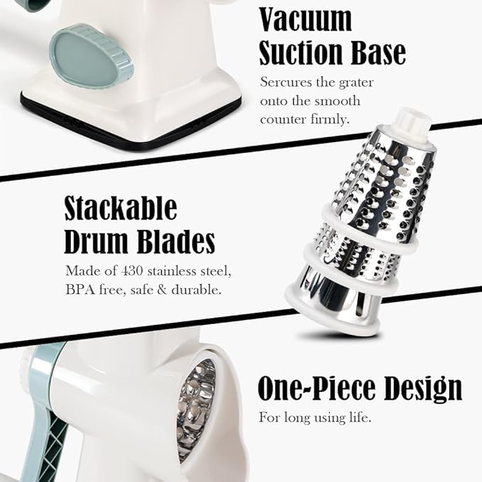 Cheese Grater Hand Crank Rotating Cheese Shredder Stainless Steel Vegetable Slicer Grater for Kitchen 3 Blades for Cheese, Carrot, Cucumber, Nuts, Chocolate, White