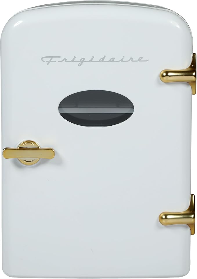 Frigidaire Retro Mini Personal Fridge Cooler, Holds up to 9 Cans, Portable for Car, Office, Bedroom, Dorm Room, or Cabin, Includes 110V AC and 12V DC cords - White Gold (Special Edition Color)