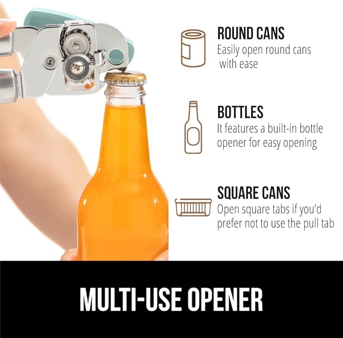 GORILLA GRIP Heavy Duty Stainless Steel Smooth Edge Manual Can Opener and Bottle Openers, Soft Comfortable Handle, Oversized Handheld Turn Knob, US Designed Multifunctional Kitchen Tool, Mint