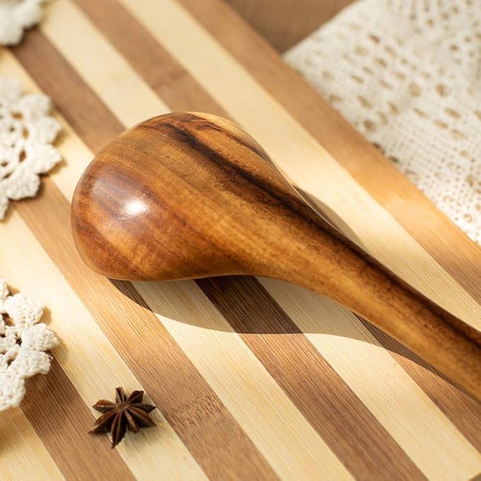 Wood Kitchen Utensils Set, 5 PCs Natural Acacia Wooden Spoons For Cooking for Non-stick Skillet, Utensil set For Cooking With Soup Ladle and Wok Spatulas, Salad fork, Spurtles for Cooking