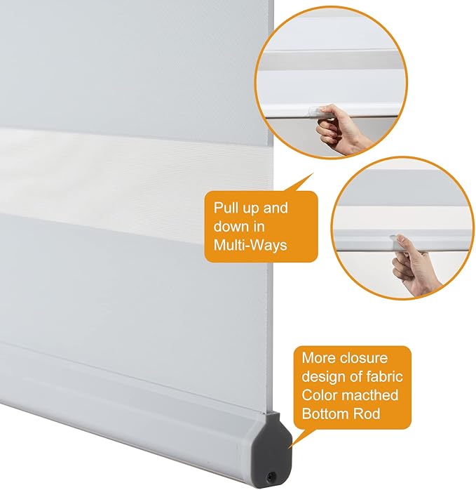 Persilux Cordless Zebra Blinds for Windows (47" W X 64" H, White) Free-Stop Dual Layer Roller Windows Shades for Day and Night, Light Filtering Sheer Shades for Home, Bedroom, Easy to Install