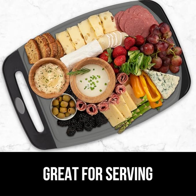 GORILLA GRIP BPA-Free Reversible Kitchen Cutting Board Set of 3, US Designed, Nonporous, Juice Grooves Catch Liquid, Slip Resistant Border, Dishwasher Safe, Durable Food Chopping Boards, Black Gray