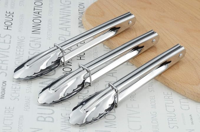 Mini Stainless Steel Food Tongs with Silding Rings 7-Inch - Set of 6 - Small Clam Shell Service Tongs for Serving Appetizers, Desserts, Salads, Barbecue and Cooking (Silver)